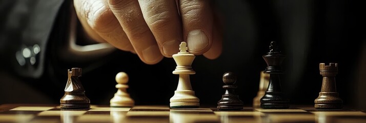 A hand moves a chess piece on a board, highlighting the strategic gameplay and focus involved in a game of chess.