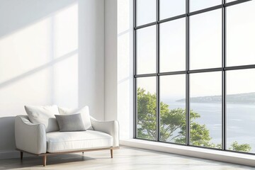 Spacious living area showcasing a sofa beside a large window.