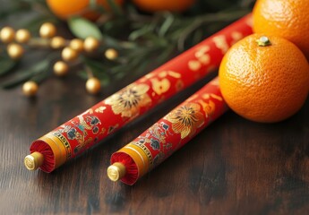 Vibrant Red Scrolls and Juicy Oranges on a Rustic Wooden Surface with Decorative Elements for Celebratory Themes
