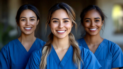 Doctors and nurses in blue scrubs smiling together in healthcare setting