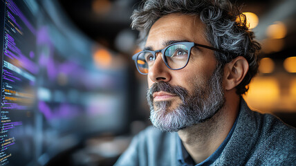 Obraz premium Innovative man analyzing data on large screen in modern workspace