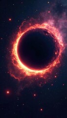 A large black hole with a glowing aura on a white background with stars, gravity, dark matter, cosmic