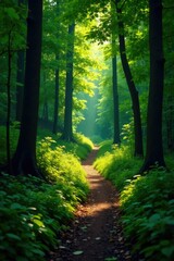 Obraz premium A meandering forest trail winds through trees, foliage, , forest path
