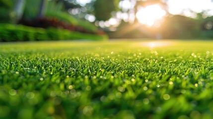 Close-up view of dew-covered grass blades in a sunlit garden during early morning hours