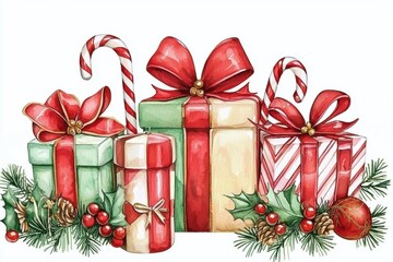 Illustration showcasing vibrant Christmas gifts and candy canes.