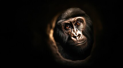 Mountain Gorilla Intently Observing, Captivating gaze reflecting intelligence and deep connection within primate behavior and wildlife interactions