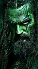 Green-faced man, intense gaze, dark forest. Halloween costume