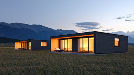 Obraz premium Modern wooden homes glowing in sunset with nature and mountains in background