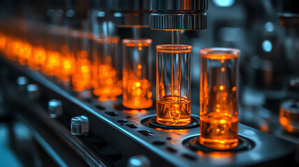 Laboratory equipment with orange liquid in test tubes, showcasing scientific analysis and research