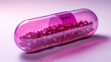 Glossy pink-purple biotin capsules with transparent sections, containing vibrant beads inside, representing beauty, health, and wellness.
