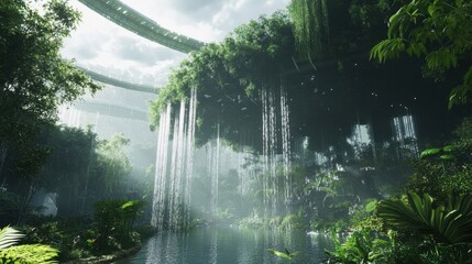 Lush rainforest showing natural water cycles in action, clouds forming over the canopy, misty atmosphere