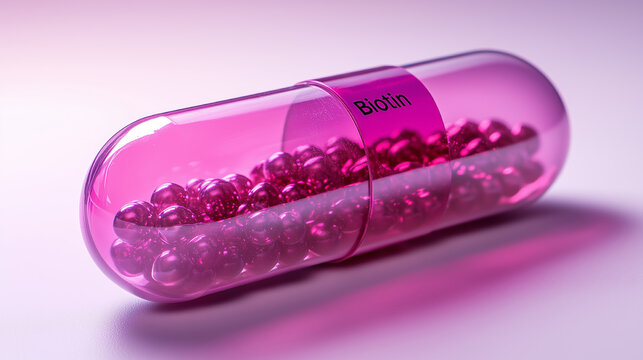 Glossy pink-purple biotin capsules with transparent sections, containing vibrant beads inside, representing beauty, health, and wellness.