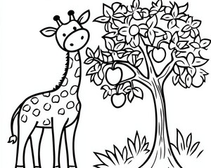A whimsical illustration featuring a playful giraffe beside a fruit-laden tree, designed for coloring activities Perfect for kids and creative fun!, Outline