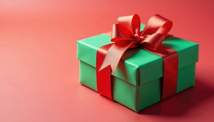 Obraz premium Colorful gift box wrapped in red and green ribbon tied with a bow, festive packaging, wrapping paper