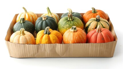 A vibrant assortment of decorative pumpkins in a cardboard box, showcasing autumn colors and textures