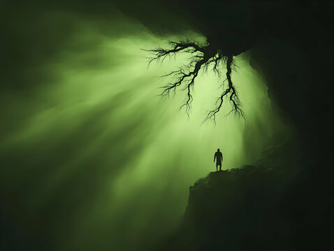 Man explores mystical cave, green light