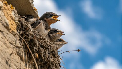 Sick swallow chicks peeking out from their nest for food, hunger, baby birds, vulnerable, feeding time