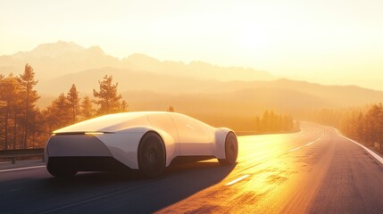 Futuristic Electric Car on Scenic Mountain Road at Sunset