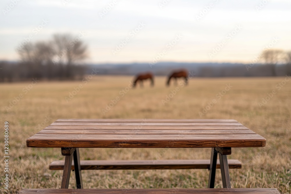 Poster rustic wooden picnic table in open field with distant horses grazing