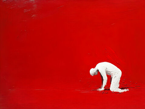 Man kneeling, red background, despair, art