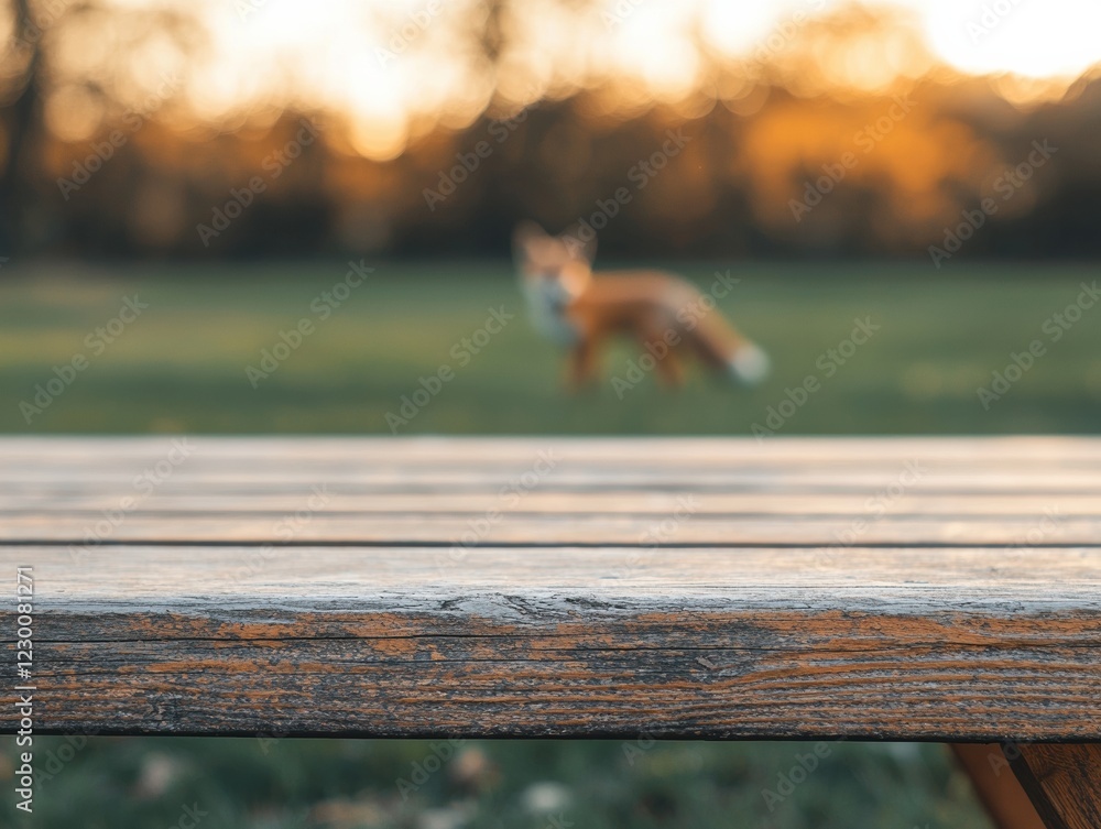 Poster rustic table in park with blurred fox in distance