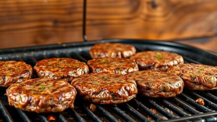 Sizzling ground beef patties on a grill with a rustic wooden barbecue background, BBQ, char, cooking
