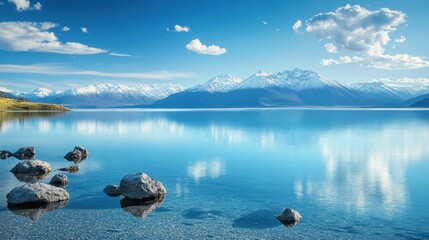 Remote alpine lake with pristine turquoise waters, untouched by human activity, snow-capped mountains in the distance