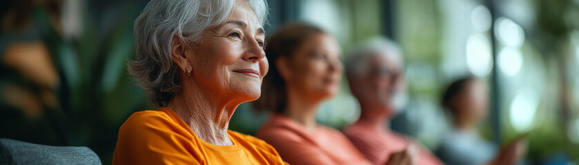 Senior woman in orange shirt enjoying moment of reflection with others