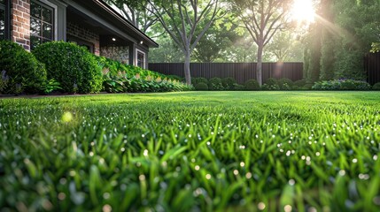 Obraz premium Lush green lawn in a serene backyard at sunset with vibrant foliage and soft sunlight