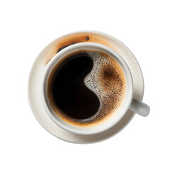 A top view of a white coffee cup with black coffee and a white saucer on a black background.