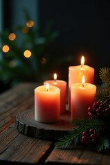 Four candles lit on a wooden table amidst winter foliage, dark background, seasonal ambiance, holiday lights