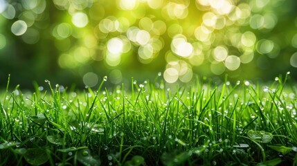 Obraz premium Lush green grass with dew drops glistening under soft sunlight in a vibrant natural setting