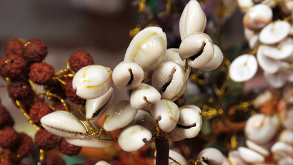 Decorative items made with seashells displayed in a handicraft shop