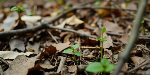 Small green seedling sprouting from the forest floor, surrounded by fallen leaves and branches, forest floor, sprouting, seedling