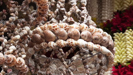 Decorative items made with seashells displayed in a handicraft shop