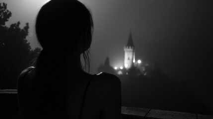 Woman Gazing at a Mysterious Castle in the Night Fog
