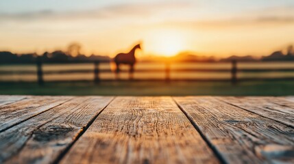 Rustic wooden table showcasing a blurred horse grazing at sunrise in a farm setting