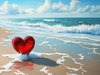 Fototapeta premium Valentine’s Day romance on the beach with decorative hearts
