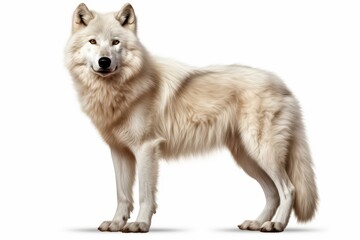Full body portrait of an arctic wolf standing against a white background, showcasing its thick white fur and powerful stance