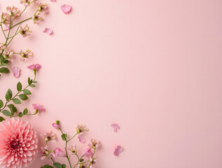 Fototapeta premium Creative floral concept: spring blooming plants and petals on pastel pink background with paper pompoms. Presentation mockup. Top view, flat lay.