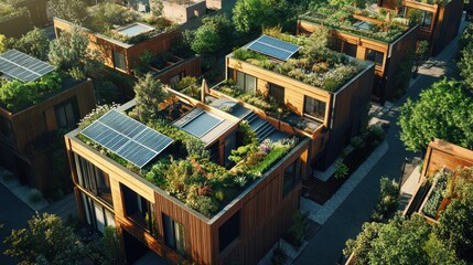Fototapeta premium Urban rooftops with integrated rainwater harvesting and solar panels, emphasizing sustainable design