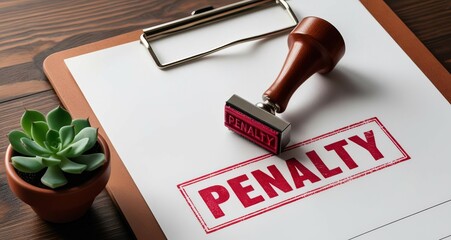 A rubber stamp reading "PENALTY" on a clipboard, next to a small succulent plant, symbolizing documentation and consequences.