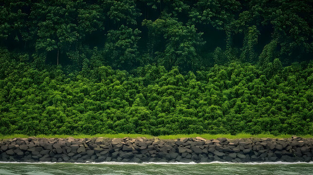Lush green coastal forest, ocean view