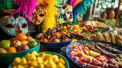 Fototapeta premium Vibrant Brazilian Carnaval Feast with Masks, Fruits, and Festive Decorations