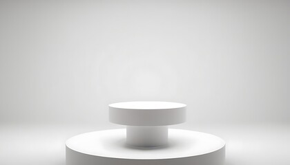 Fototapeta premium empty blank presentation covered pedestal,White round podium in the room with many decorative flying spheres on white wall background. Platform for beauty products presentation.864