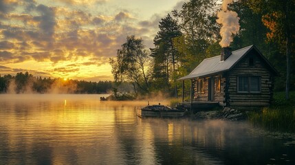 Fototapeta premium A quiet lakeside cabin with smoke rising from the chimney at sunrise picture