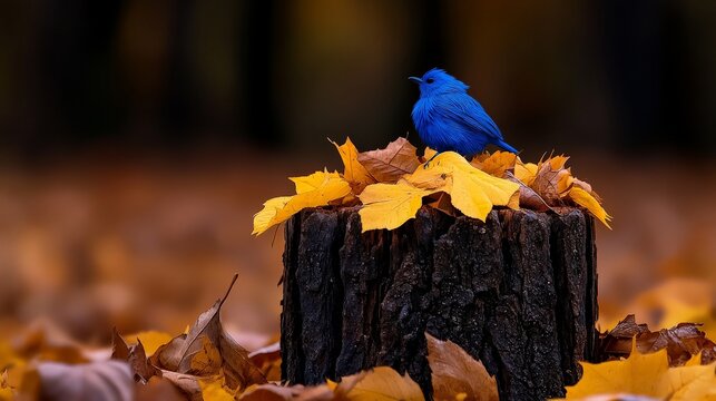 Bluebird on a Stump: A vibrant bluebird perches atop a weathered tree stump amidst a carpet of golden autumn leaves, capturing the essence of autumn tranquility.