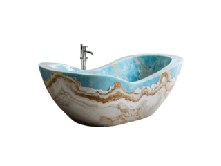 Luxurious freestanding bathtub with unique blue and gold design, Isolated on white background