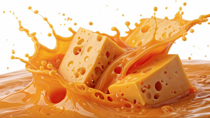 Cheese splash with dripping melted cheddar and floating cheese block