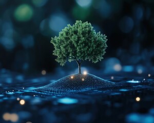 Illuminated tree growing on sparkling water nature scene dreamy environment close-up perspective